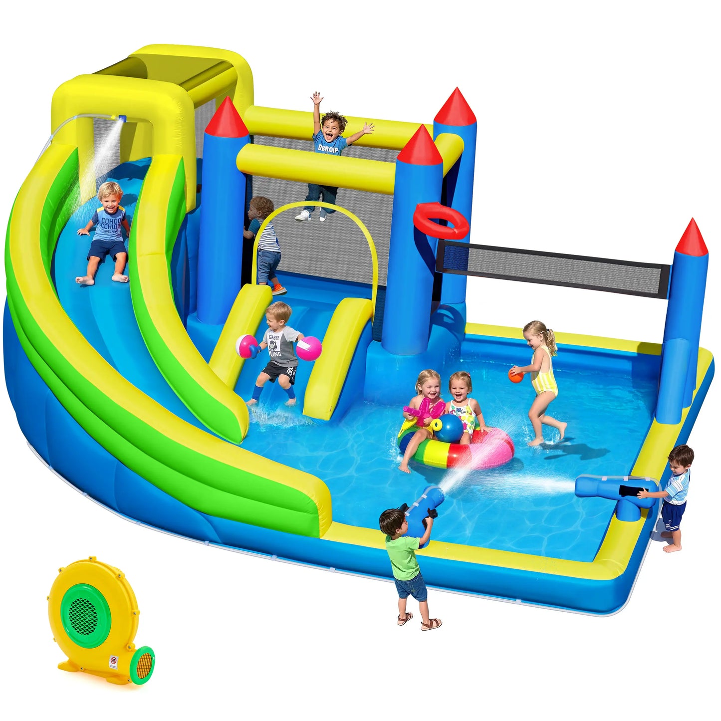 Inflatable Water Slide for 4-6 Kids, Big Water Bounce House for Kid Backyard, Blow up Water Park with 550W Blower, Splash Pool, Water Cannon, Climbing Wall for Kids Outdoor and Indoor