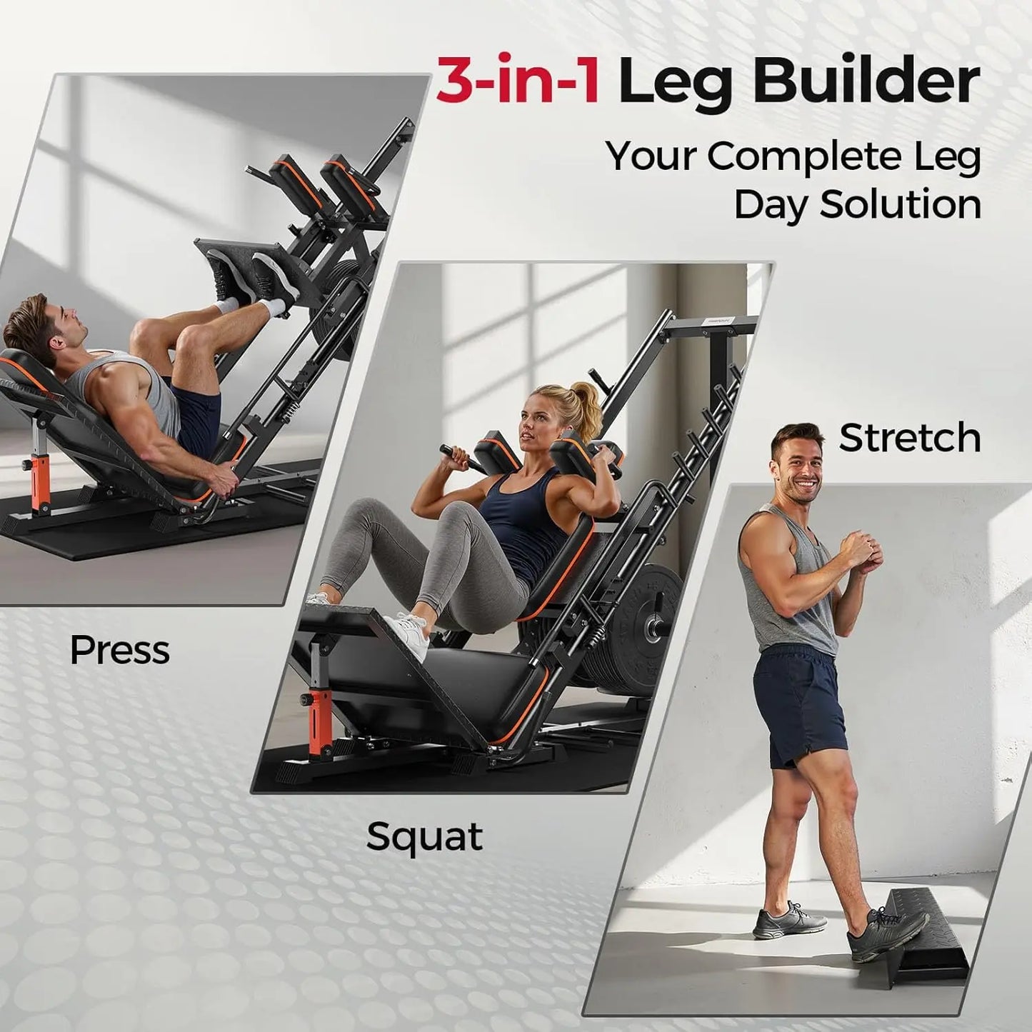 FED FITNESS 3‑In‑1 Leg Press Hack Squat Machine with Ultra-Quiet Pulley System – Adjustable Leg Press Machine for Home Gym with Stretch Board & Full Range of Motion