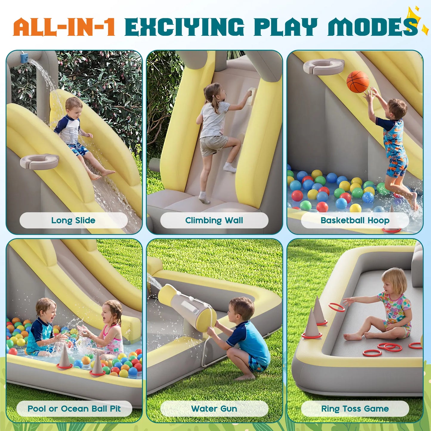 ALBOTT Inflatable Bounce House with Water Slide Bundle - Indoor/Outdoor Jumper for Kids Ages 3-12, Includes Air Blower, Climbing Wall, Splash Pool, and Water Gun, Ideal Mother's Day Gift