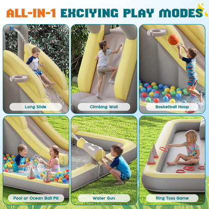 ALBOTT Inflatable Bounce House with Water Slide Bundle - Indoor/Outdoor Jumper for Kids Ages 3-12, Includes Air Blower, Climbing Wall, Splash Pool, and Water Gun, Ideal Mother's Day Gift