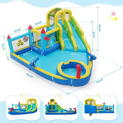 Inflatable Water Slide for 4-6 Kids, Big Water Bounce House for Kid Backyard, Blow up Water Park with 550W Blower, Splash Pool, Water Cannon, Climbing Wall for Kids Outdoor and Indoor