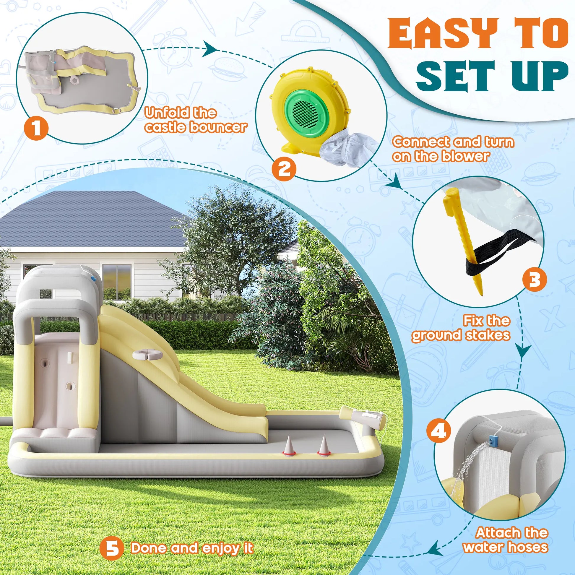 ALBOTT Inflatable Bounce House with Water Slide Bundle - Indoor/Outdoor Jumper for Kids Ages 3-12, Includes Air Blower, Climbing Wall, Splash Pool, and Water Gun, Ideal Mother's Day Gift