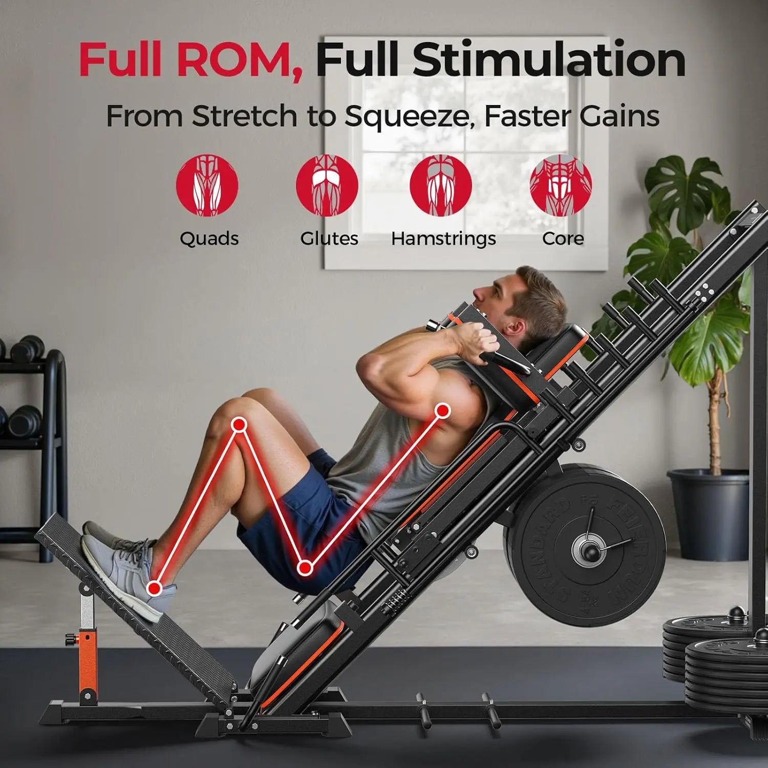 FED FITNESS 3‑In‑1 Leg Press Hack Squat Machine with Ultra-Quiet Pulley System – Adjustable Leg Press Machine for Home Gym with Stretch Board & Full Range of Motion
