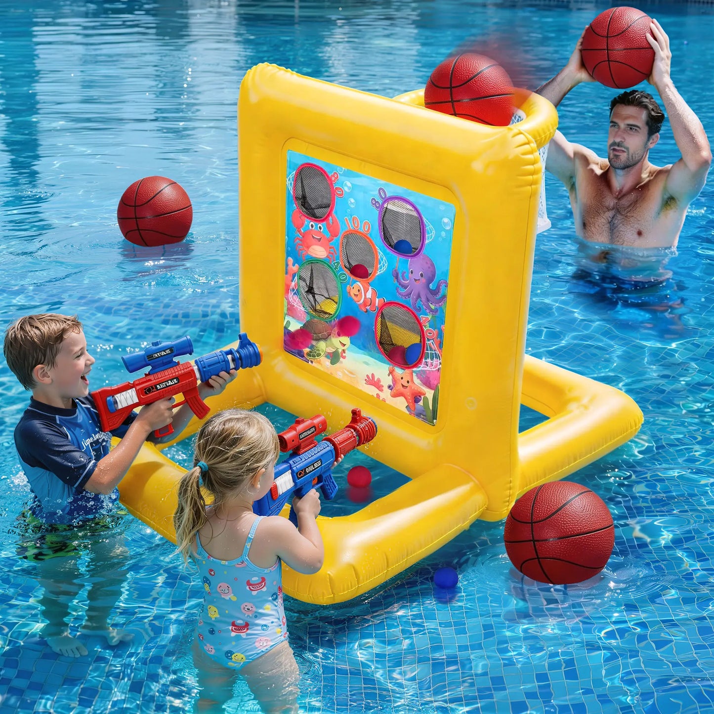 Summervibes Inflatable Pool Game Set – Target Toss & Basketball Game – Party Game, Family Fun & Outdoor Gathering Activity | Fun for Kids, Teens & Adults