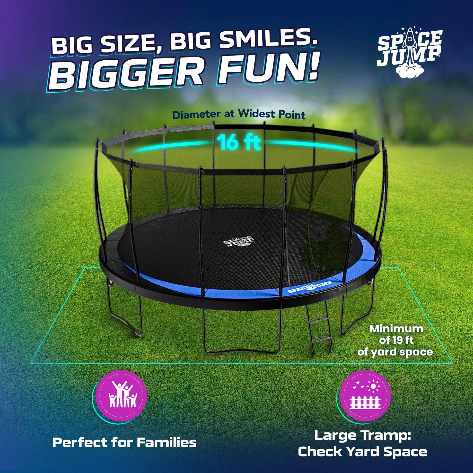 Spacejump Lunar 16-Foot Outdoor Trampoline Ultimate Set with Slide, Basketball Hoop, and Sprayer