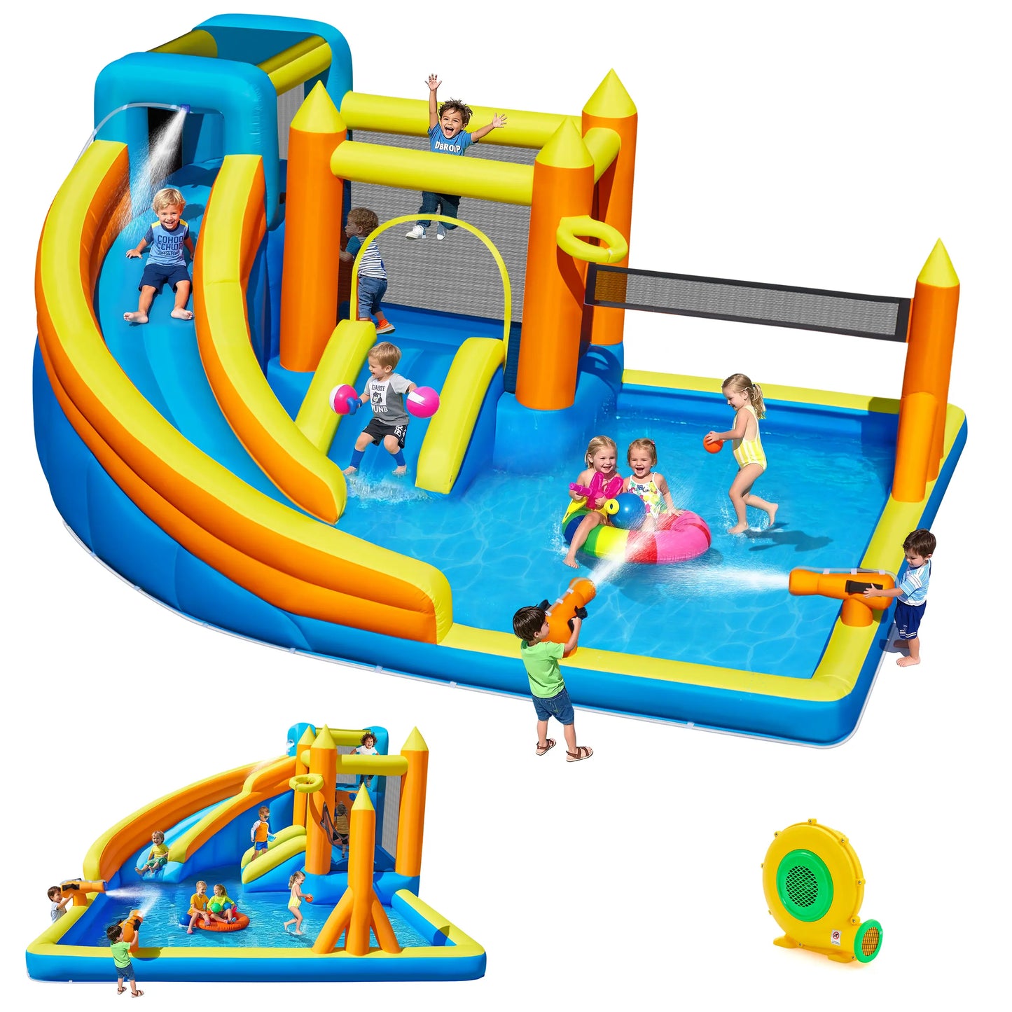 Inflatable Water Slide for 4-6 Kids, Big Water Bounce House for Kid Backyard, Blow up Water Park with 550W Blower, Splash Pool, Water Cannon, Climbing Wall for Kids Outdoor and Indoor