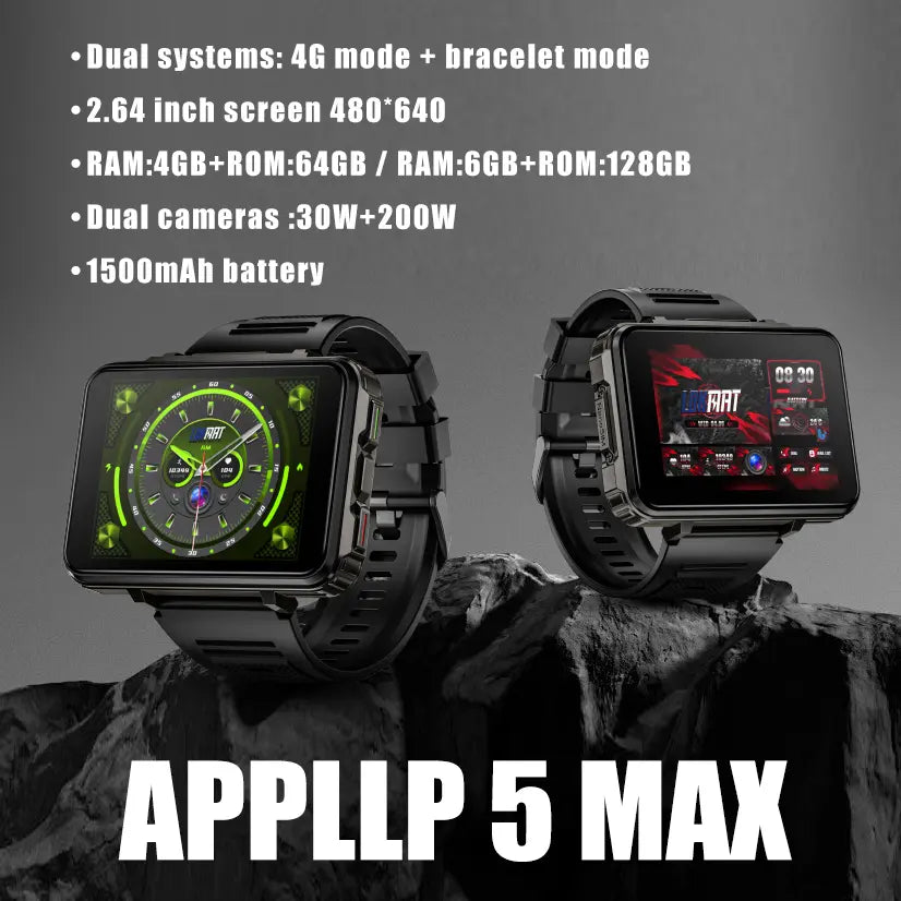 4G Smartwatch with 2.64-Inch Display, SIM Card Support, Wi-Fi, GPS, Dual Cameras, Dual Operating Systems, and 128GB App Storage