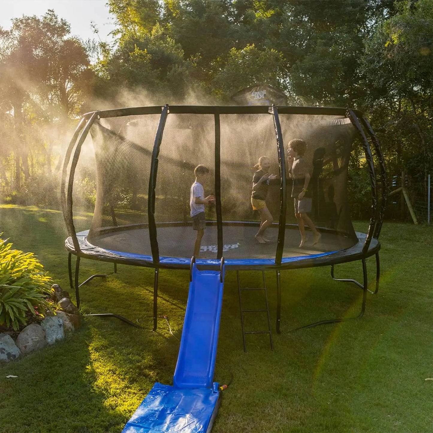 Spacejump Lunar 16-Foot Outdoor Trampoline Ultimate Set with Slide, Basketball Hoop, and Sprayer
