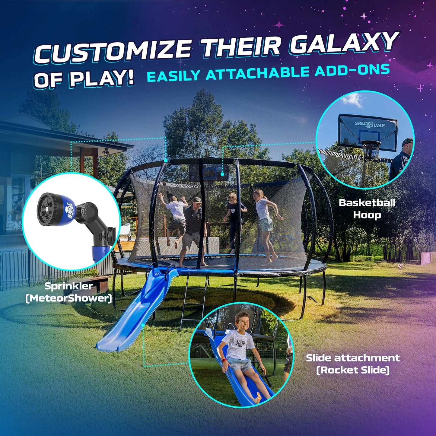 Spacejump Lunar 16-Foot Outdoor Trampoline Ultimate Set with Slide, Basketball Hoop, and Sprayer