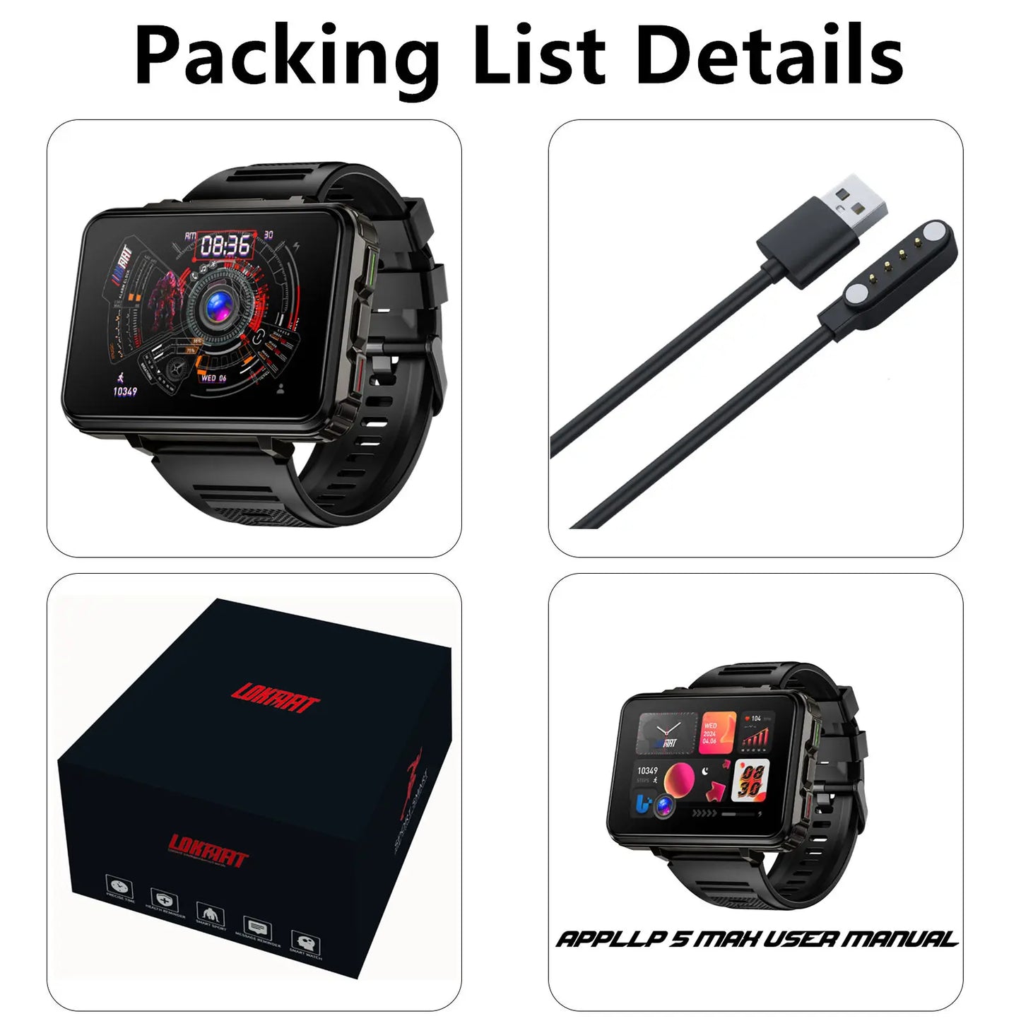 4G Smartwatch with 2.64-Inch Display, SIM Card Support, Wi-Fi, GPS, Dual Cameras, Dual Operating Systems, and 128GB App Storage