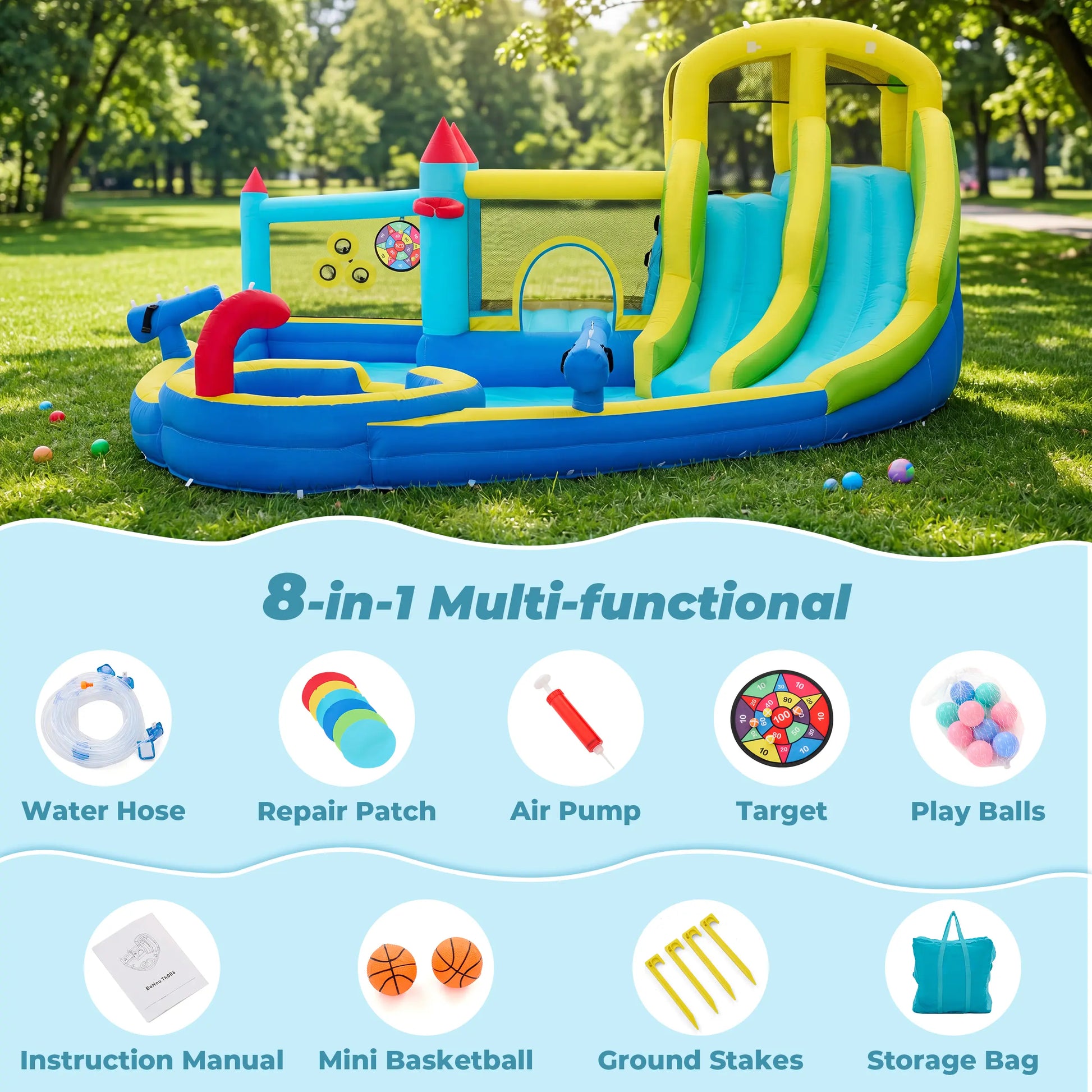 Inflatable Water Slide for 4-6 Kids, Big Water Bounce House for Kid Backyard, Blow up Water Park with 550W Blower, Splash Pool, Water Cannon, Climbing Wall for Kids Outdoor and Indoor