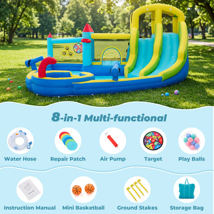 Inflatable Water Slide for 4-6 Kids, Big Water Bounce House for Kid Backyard, Blow up Water Park with 550W Blower, Splash Pool, Water Cannon, Climbing Wall for Kids Outdoor and Indoor