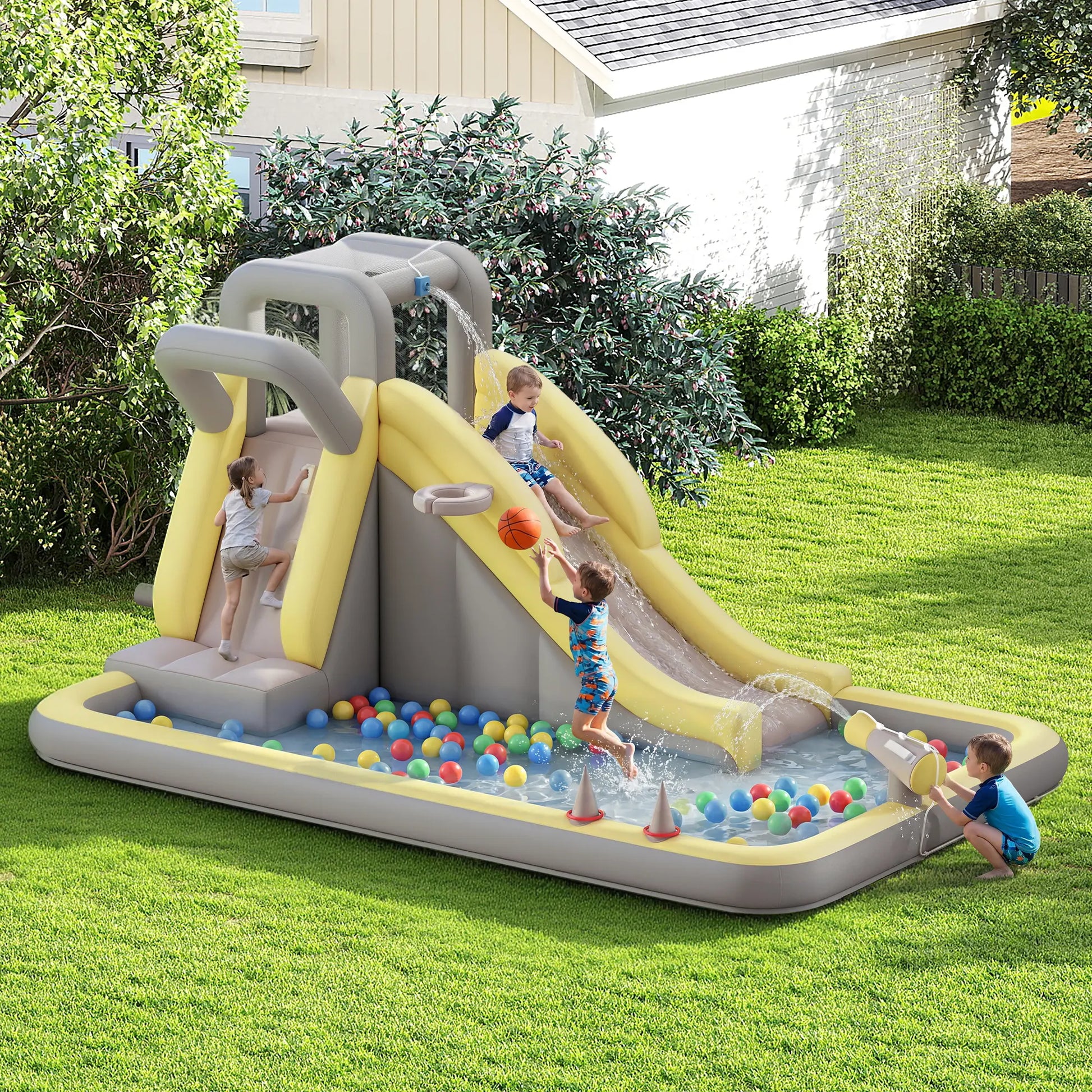 ALBOTT Inflatable Bounce House with Water Slide Bundle - Indoor/Outdoor Jumper for Kids Ages 3-12, Includes Air Blower, Climbing Wall, Splash Pool, and Water Gun, Ideal Mother's Day Gift