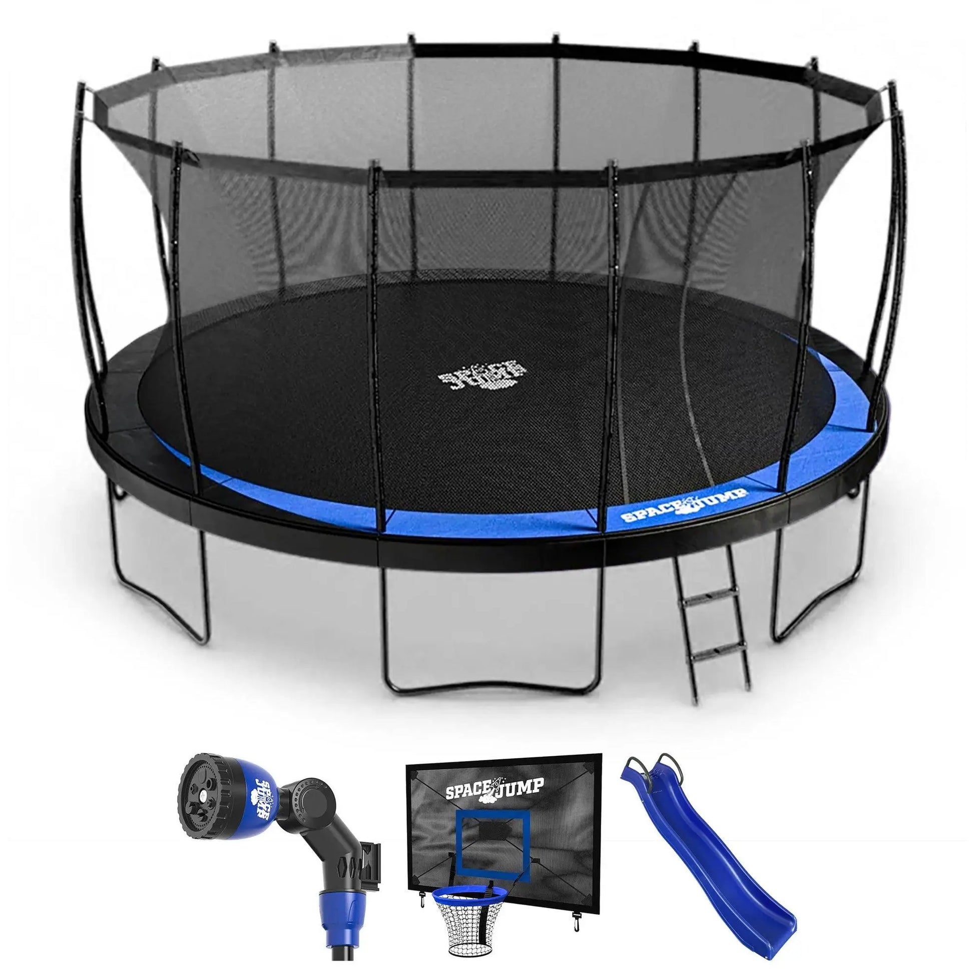 Spacejump Lunar 16-Foot Outdoor Trampoline Ultimate Set with Slide, Basketball Hoop, and Sprayer