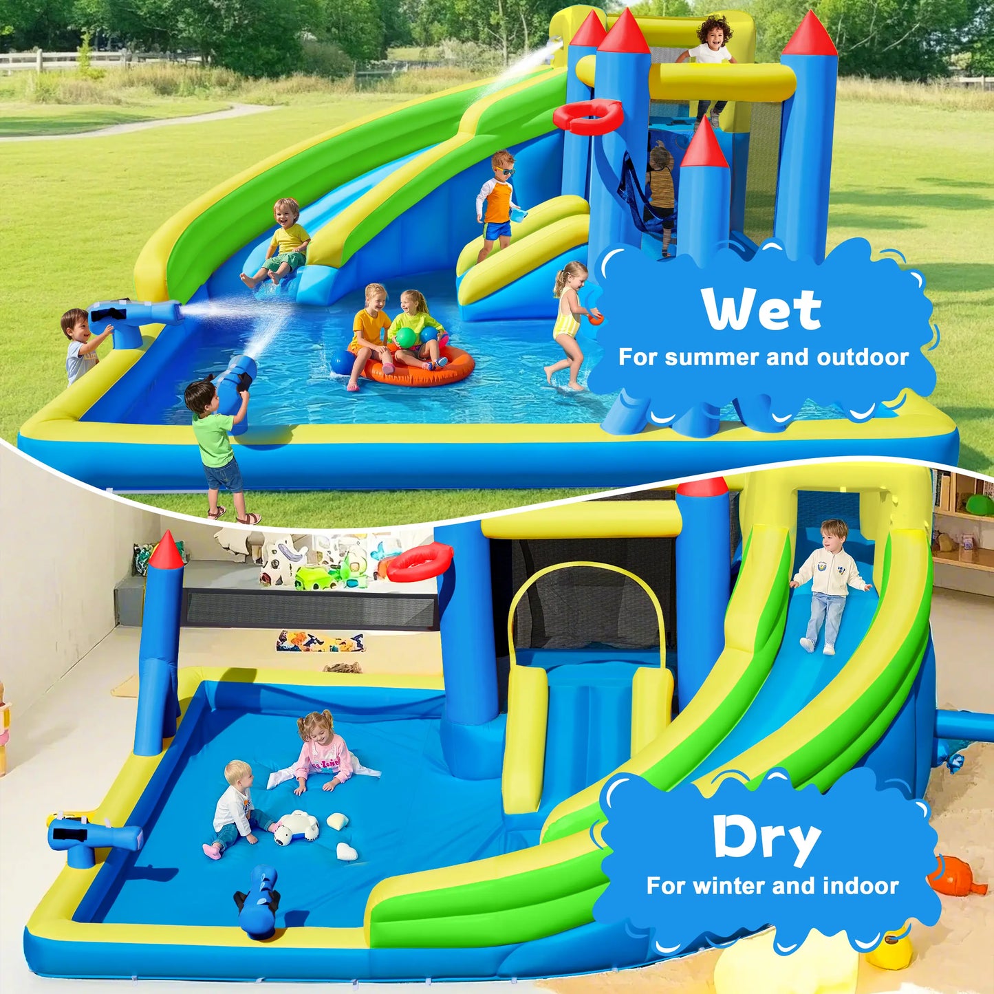 Inflatable Water Slide for 4-6 Kids, Big Water Bounce House for Kid Backyard, Blow up Water Park with 550W Blower, Splash Pool, Water Cannon, Climbing Wall for Kids Outdoor and Indoor