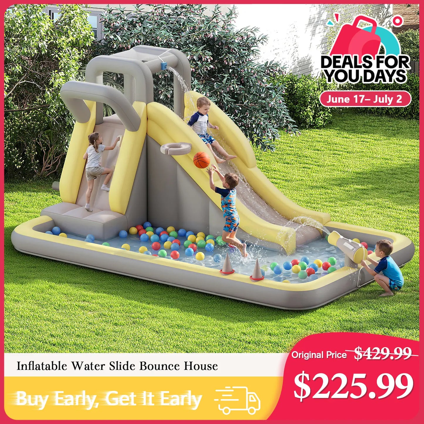 ALBOTT Inflatable Bounce House with Water Slide Bundle - Indoor/Outdoor Jumper for Kids Ages 3-12, Includes Air Blower, Climbing Wall, Splash Pool, and Water Gun, Ideal Mother's Day Gift